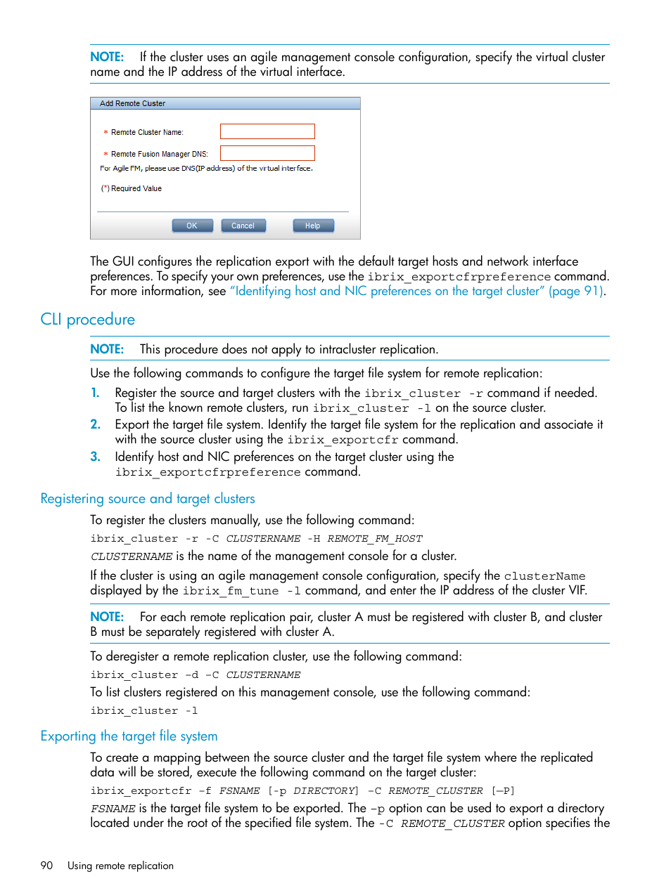 Cli procedure, Registering source and target clusters, Exporting the target file system | HP StoreAll Storage User Manual | Page 90 / 125