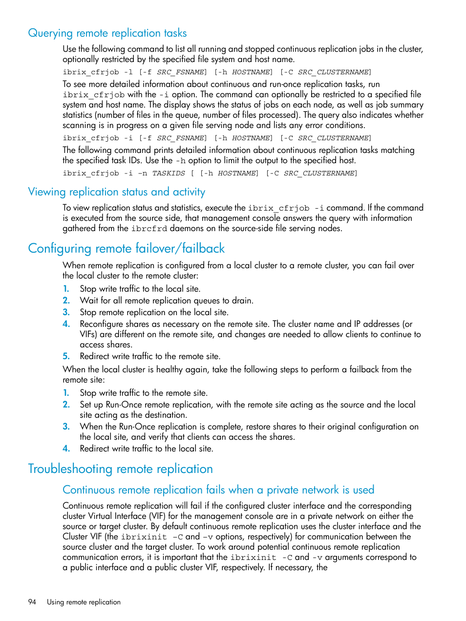 Querying remote replication tasks, Viewing replication status and activity, Configuring remote failover/failback | Troubleshooting remote replication | HP StoreAll Storage User Manual | Page 94 / 125