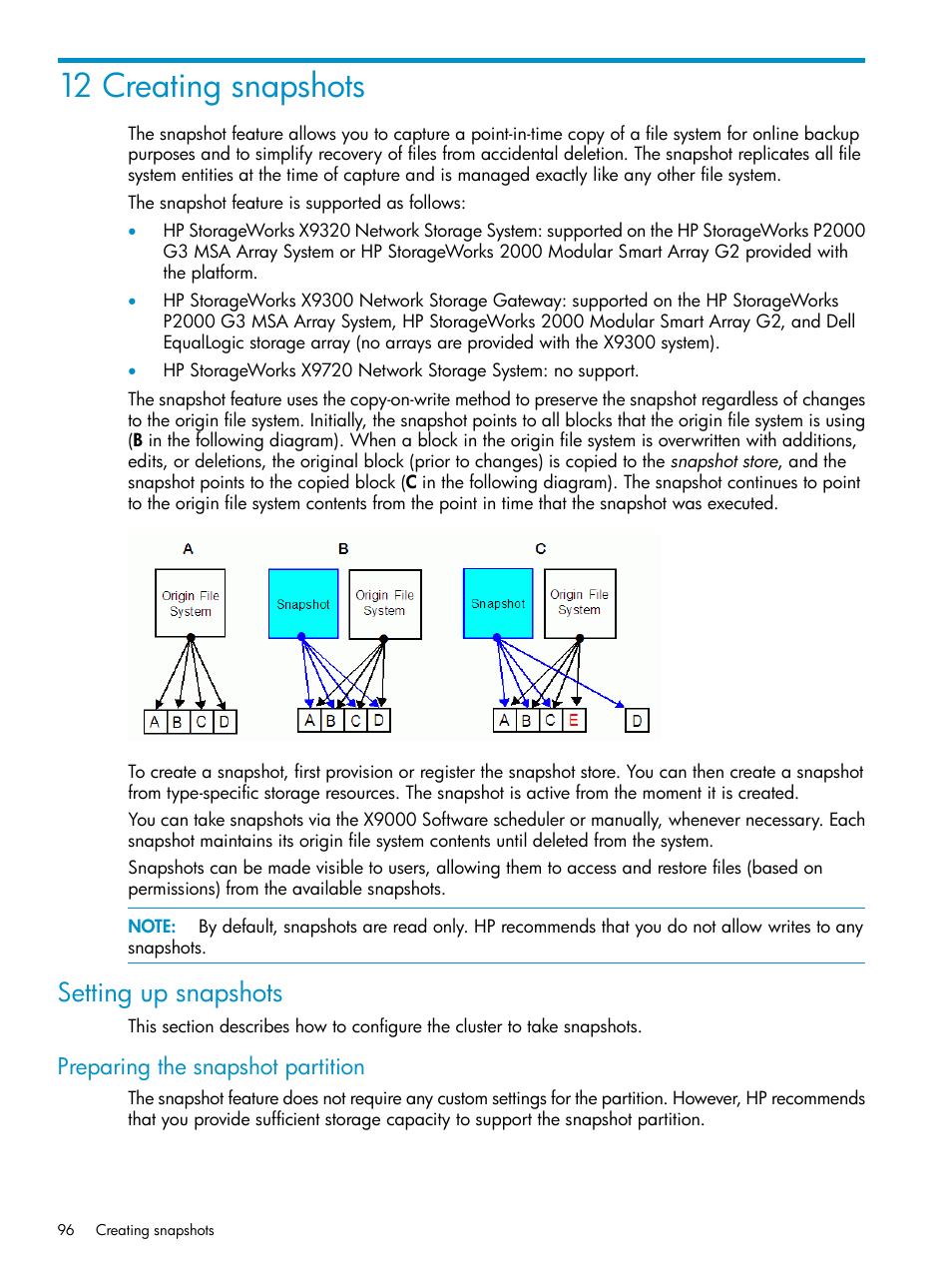 12 creating snapshots, Setting up snapshots, Preparing the snapshot partition | HP StoreAll Storage User Manual | Page 96 / 125