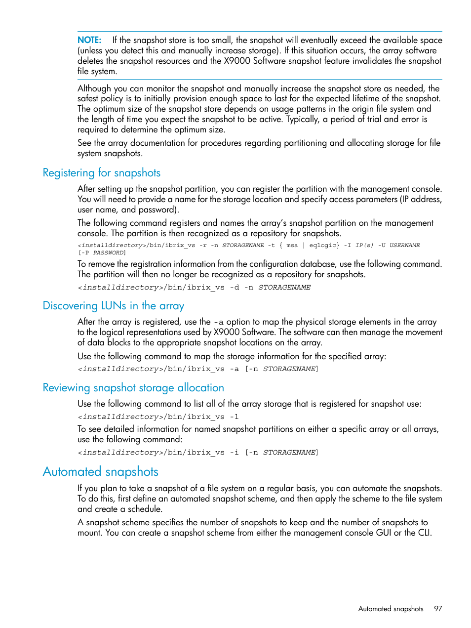 Registering for snapshots, Discovering luns in the array, Reviewing snapshot storage allocation | Automated snapshots | HP StoreAll Storage User Manual | Page 97 / 125