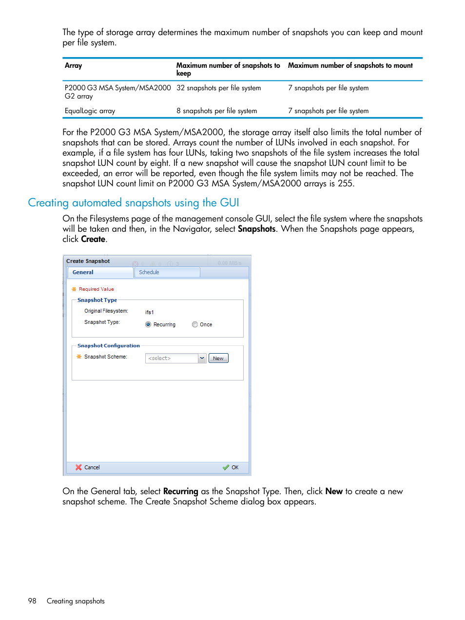 Creating automated snapshots using the gui | HP StoreAll Storage User Manual | Page 98 / 125