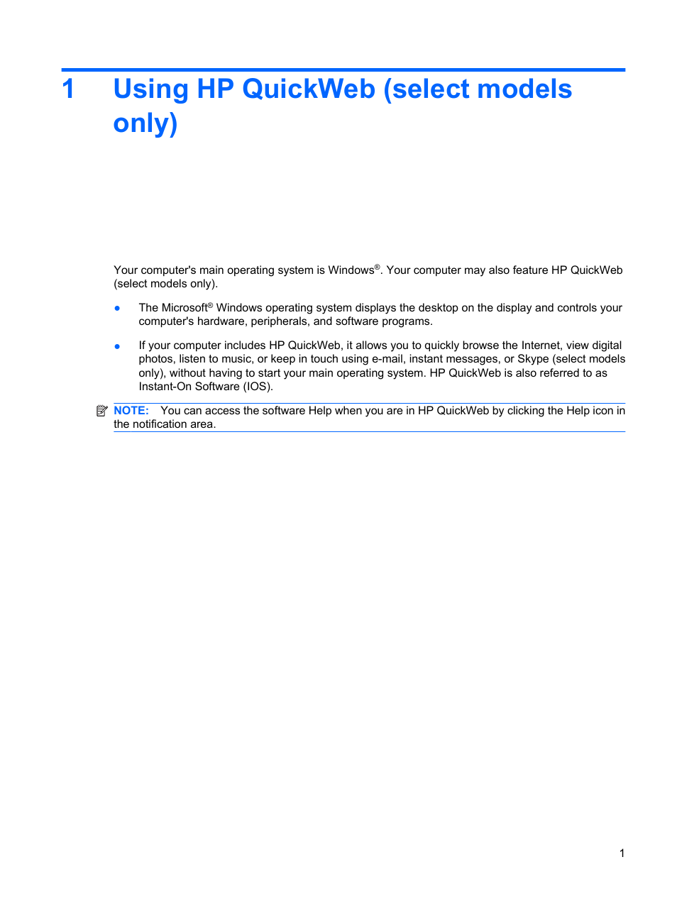 Using hp quickweb (select models only), 1 using hp quickweb (select models only), 1using hp quickweb (select models only) | HP Pavilion dm1-1190ee Entertainment Notebook PC User Manual | Page 11 / 103