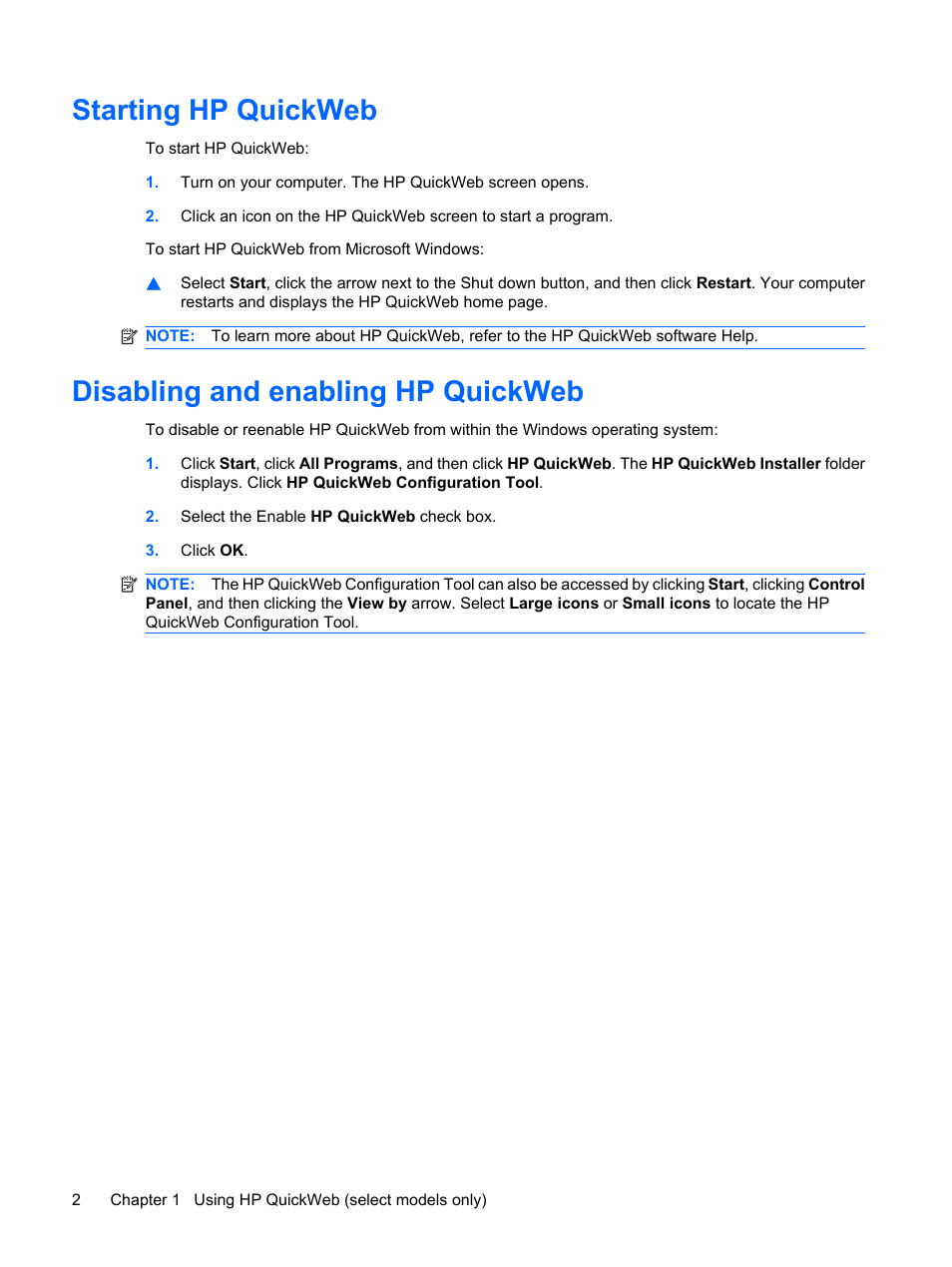 Starting hp quickweb, Disabling and enabling hp quickweb | HP Pavilion dm1-1190ee Entertainment Notebook PC User Manual | Page 12 / 103