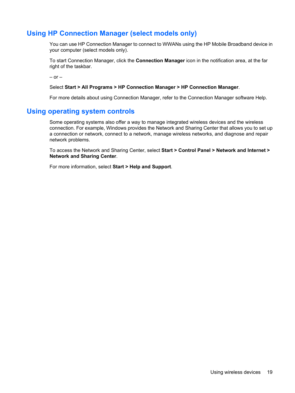 Using hp connection manager (select models only), Using operating system controls | HP Pavilion dm1-1190ee Entertainment Notebook PC User Manual | Page 29 / 103