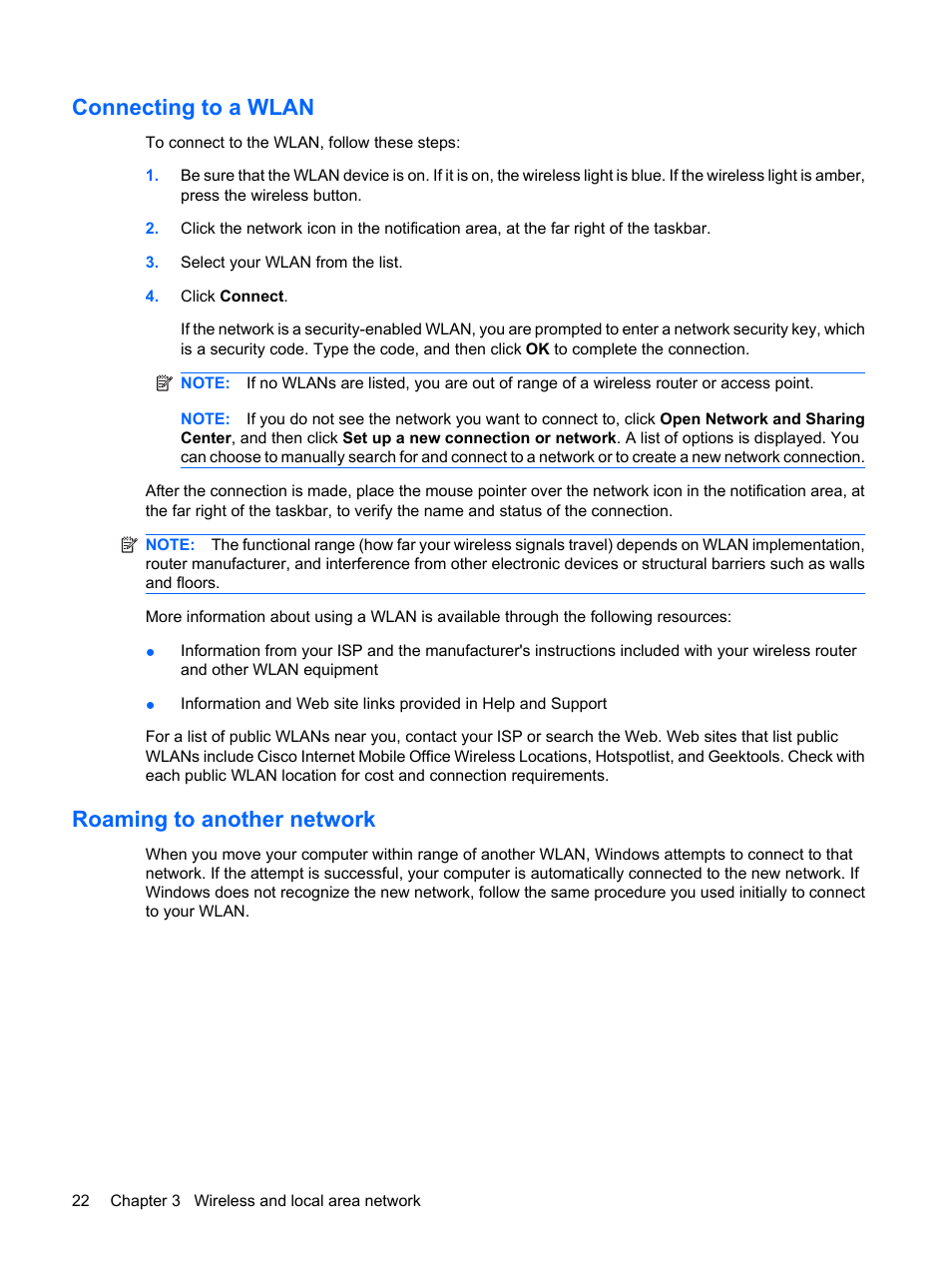Connecting to a wlan, Roaming to another network, Connecting to a wlan roaming to another network | HP Pavilion dm1-1190ee Entertainment Notebook PC User Manual | Page 32 / 103