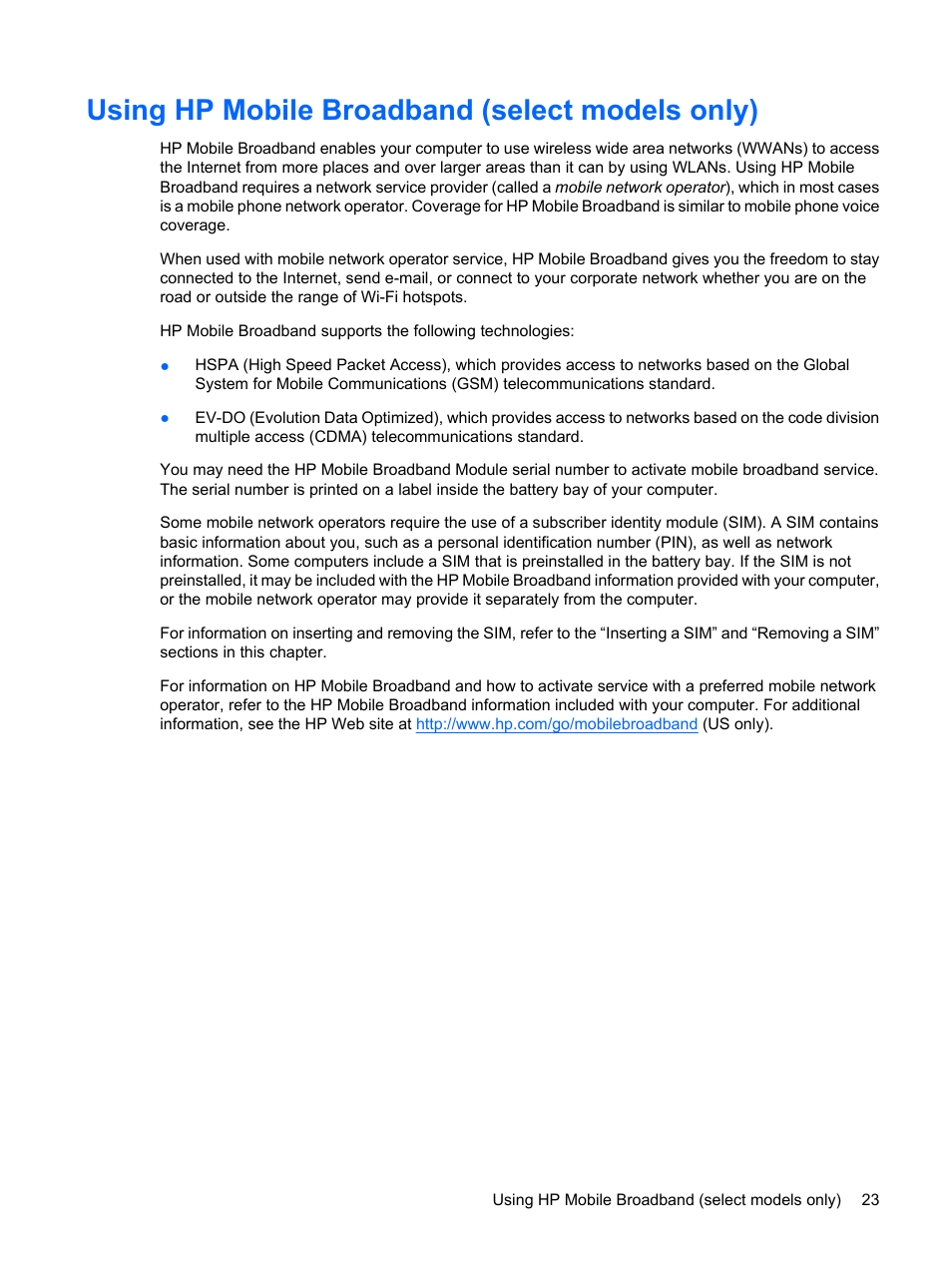 Using hp mobile broadband (select models only) | HP Pavilion dm1-1190ee Entertainment Notebook PC User Manual | Page 33 / 103