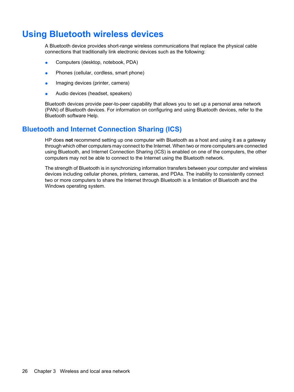 Using bluetooth wireless devices, Bluetooth and internet connection sharing (ics) | HP Pavilion dm1-1190ee Entertainment Notebook PC User Manual | Page 36 / 103