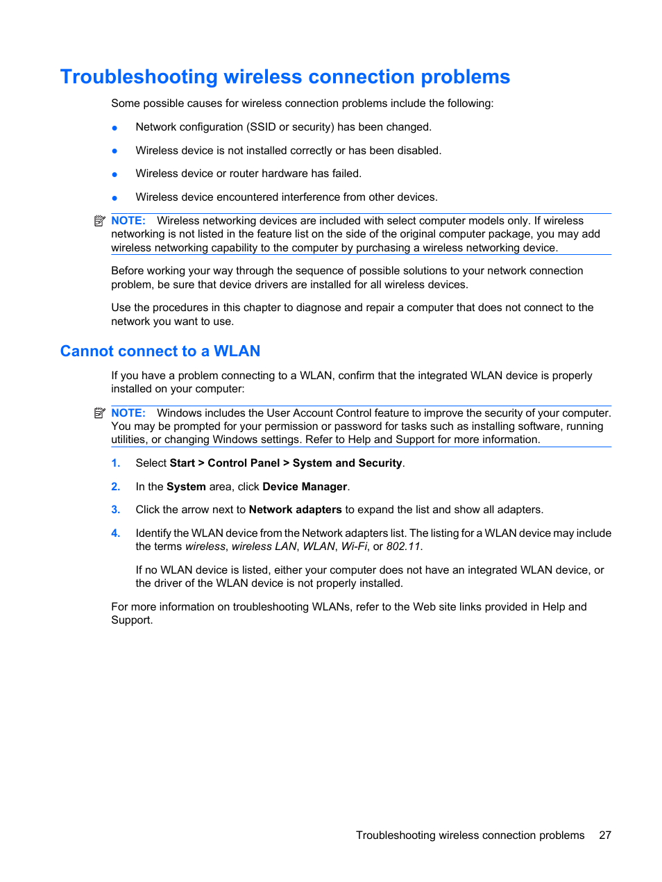 Troubleshooting wireless connection problems, Cannot connect to a wlan | HP Pavilion dm1-1190ee Entertainment Notebook PC User Manual | Page 37 / 103