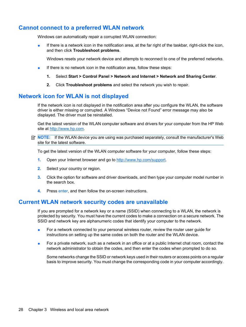 Cannot connect to a preferred wlan network, Network icon for wlan is not displayed | HP Pavilion dm1-1190ee Entertainment Notebook PC User Manual | Page 38 / 103