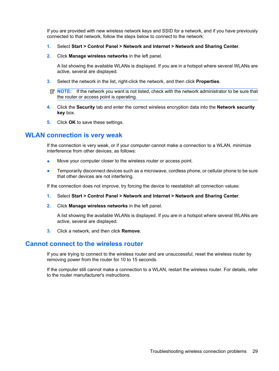 Wlan connection is very weak, Cannot connect to the wireless router | HP Pavilion dm1-1190ee Entertainment Notebook PC User Manual | Page 39 / 103