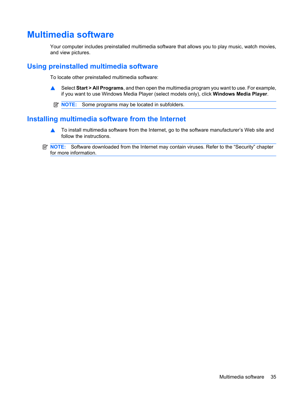 Multimedia software, Using preinstalled multimedia software, Installing multimedia software from the internet | HP Pavilion dm1-1190ee Entertainment Notebook PC User Manual | Page 45 / 103