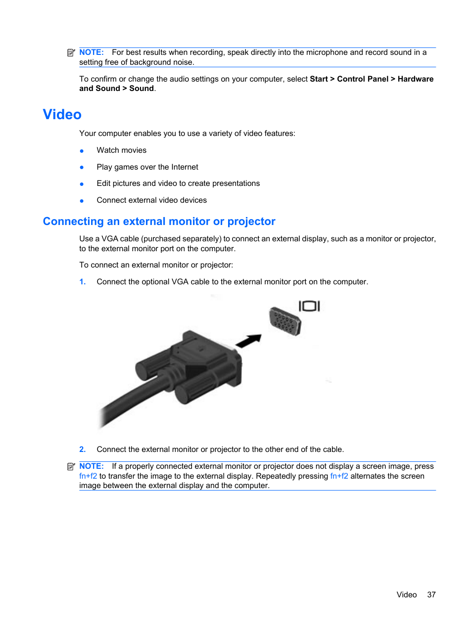 Video, Connecting an external monitor or projector | HP Pavilion dm1-1190ee Entertainment Notebook PC User Manual | Page 47 / 103