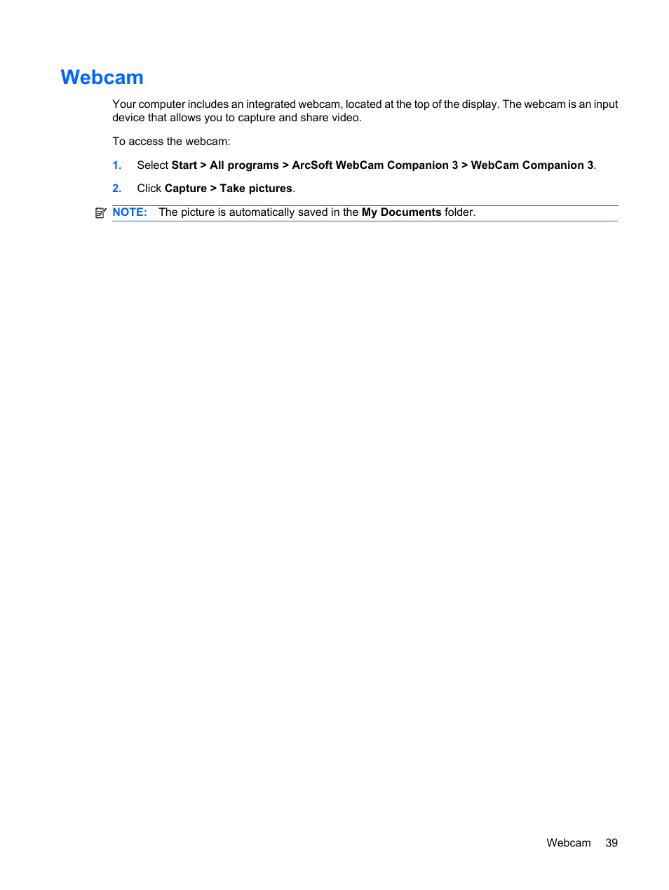 Webcam | HP Pavilion dm1-1190ee Entertainment Notebook PC User Manual | Page 49 / 103