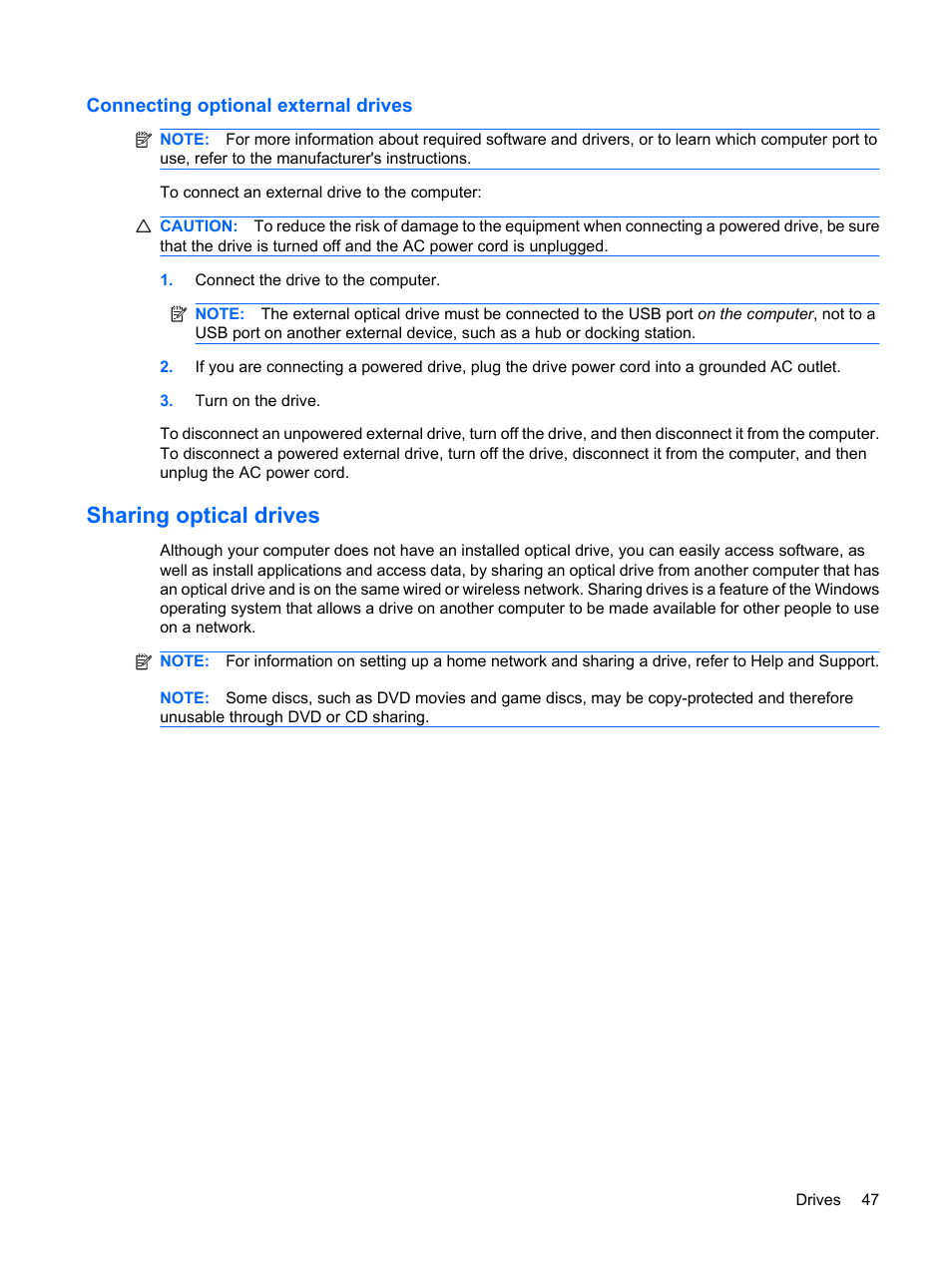 Connecting optional external drives, Sharing optical drives | HP Pavilion dm1-1190ee Entertainment Notebook PC User Manual | Page 57 / 103