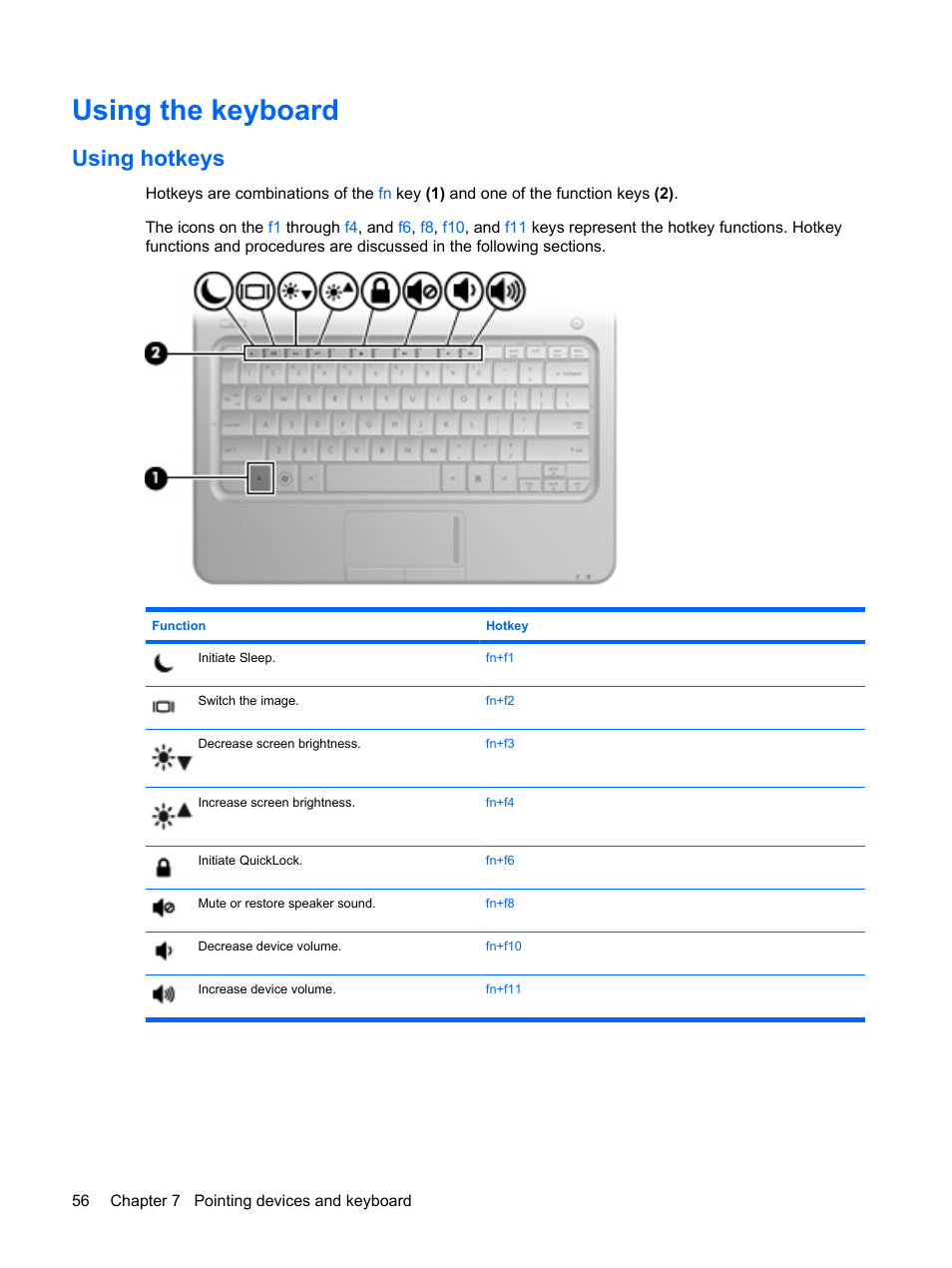 Using the keyboard, Using hotkeys | HP Pavilion dm1-1190ee Entertainment Notebook PC User Manual | Page 66 / 103