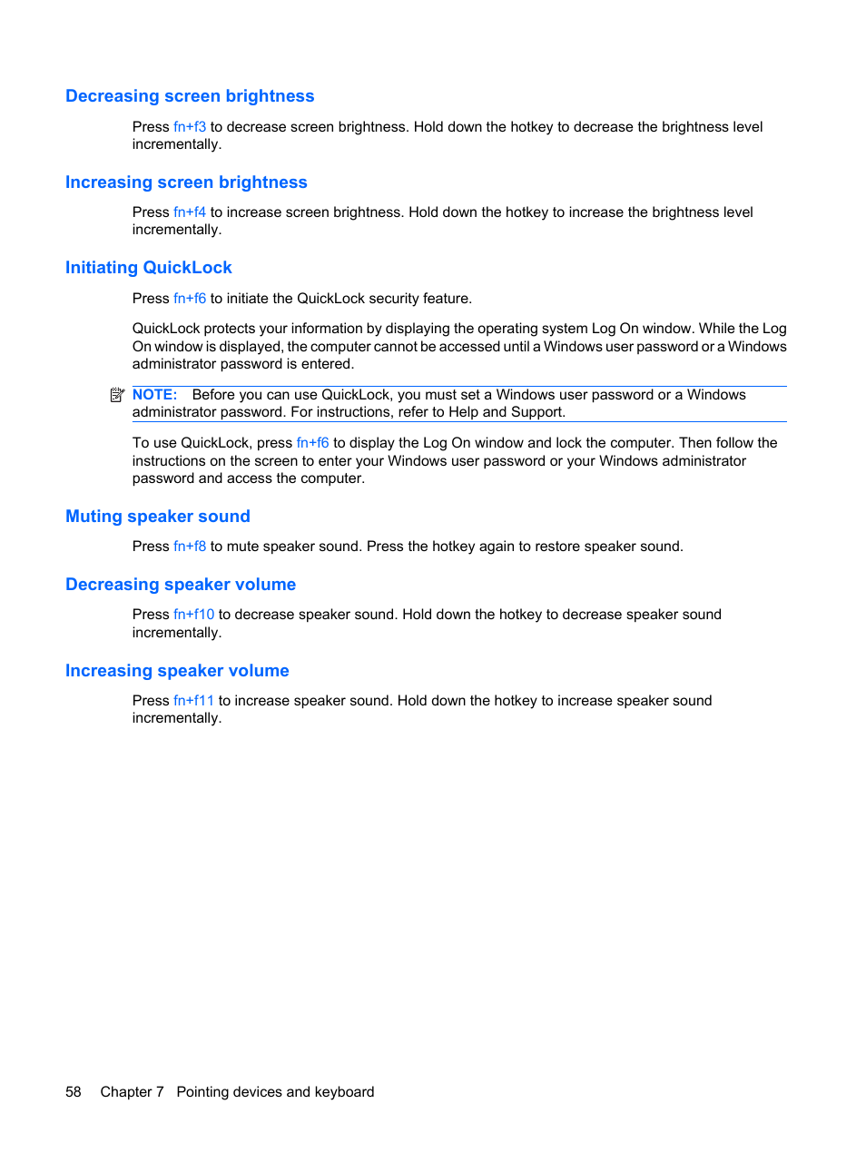 Decreasing screen brightness, Increasing screen brightness, Initiating quicklock | Muting speaker sound, Decreasing speaker volume, Increasing speaker volume | HP Pavilion dm1-1190ee Entertainment Notebook PC User Manual | Page 68 / 103