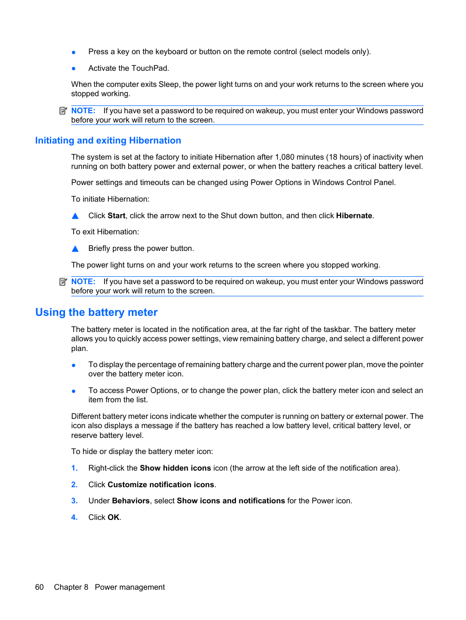 Initiating and exiting hibernation, Using the battery meter | HP Pavilion dm1-1190ee Entertainment Notebook PC User Manual | Page 70 / 103