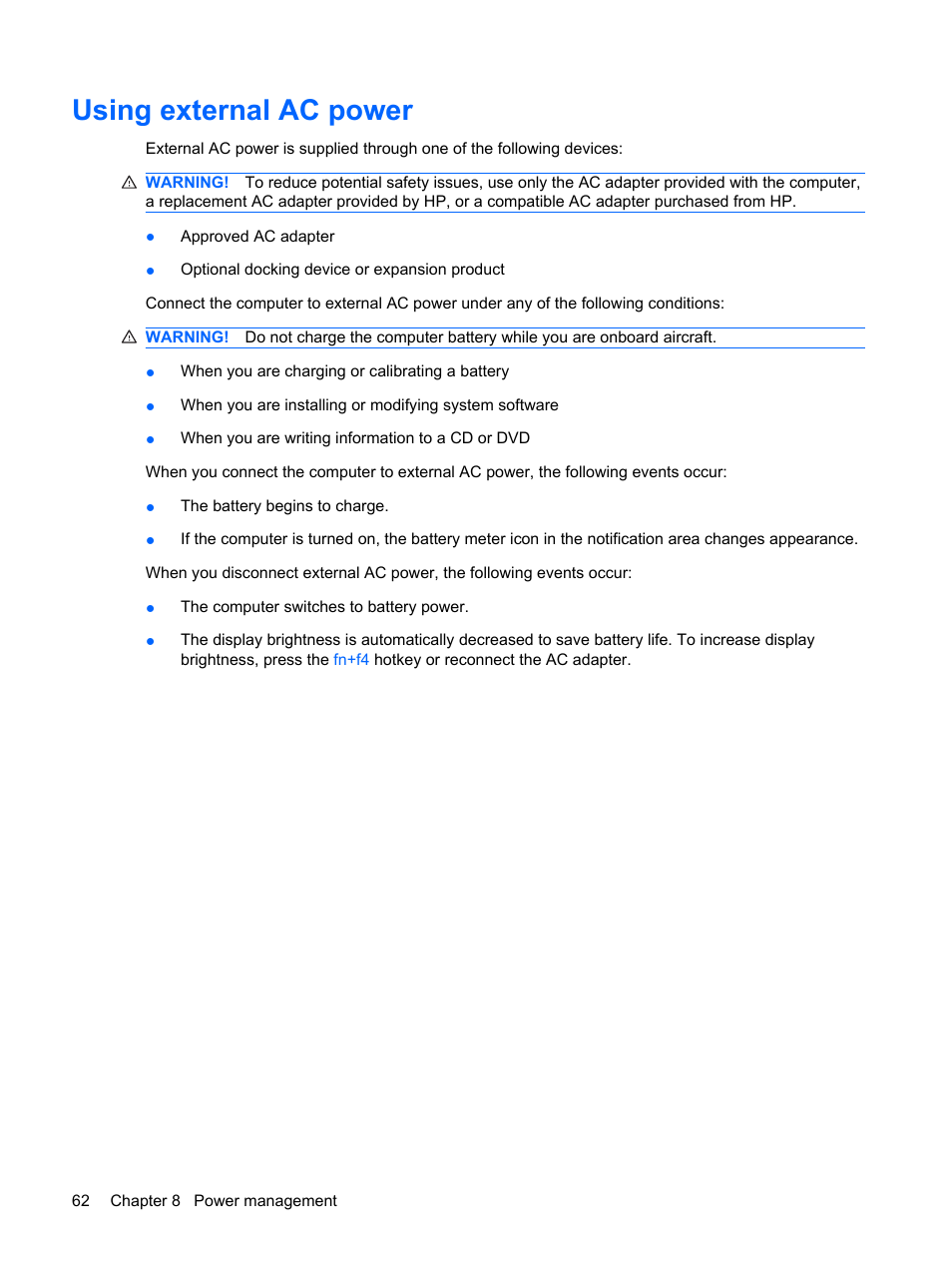 Using external ac power | HP Pavilion dm1-1190ee Entertainment Notebook PC User Manual | Page 72 / 103