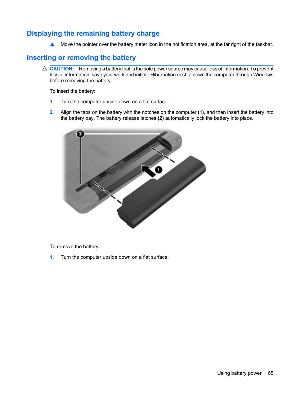 Displaying the remaining battery charge, Inserting or removing the battery | HP Pavilion dm1-1190ee Entertainment Notebook PC User Manual | Page 75 / 103