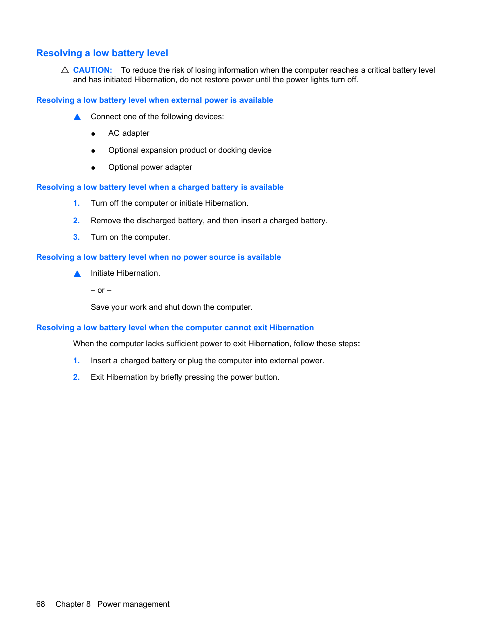 Resolving a low battery level | HP Pavilion dm1-1190ee Entertainment Notebook PC User Manual | Page 78 / 103