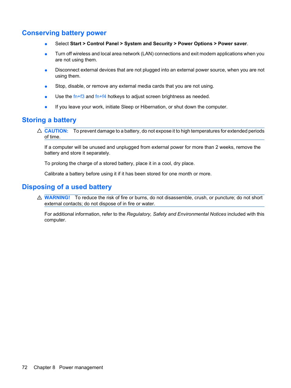 Conserving battery power, Storing a battery, Disposing of a used battery | HP Pavilion dm1-1190ee Entertainment Notebook PC User Manual | Page 82 / 103