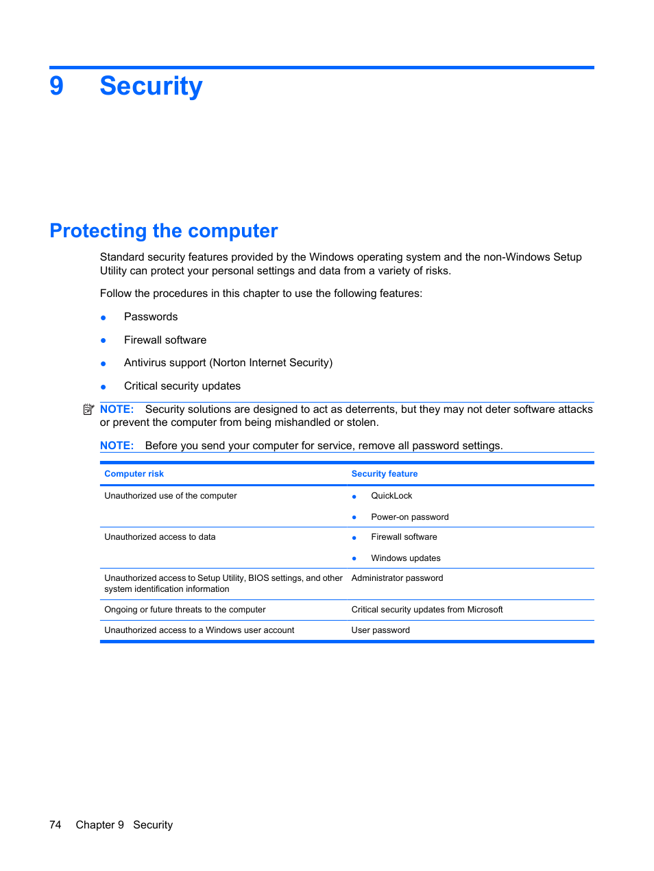 Security, Protecting the computer, 9 security | 9security | HP Pavilion dm1-1190ee Entertainment Notebook PC User Manual | Page 84 / 103