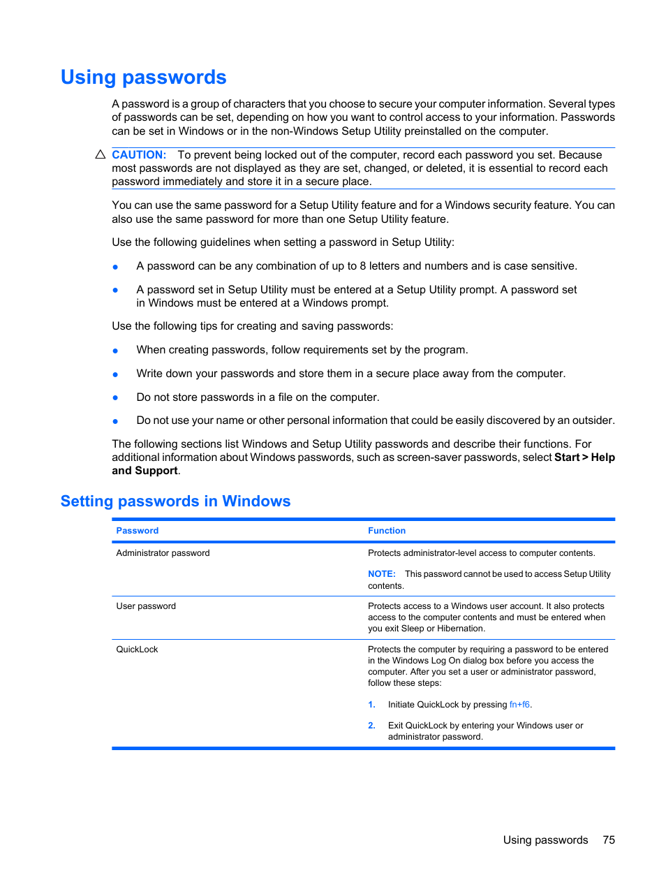 Using passwords, Setting passwords in windows | HP Pavilion dm1-1190ee Entertainment Notebook PC User Manual | Page 85 / 103