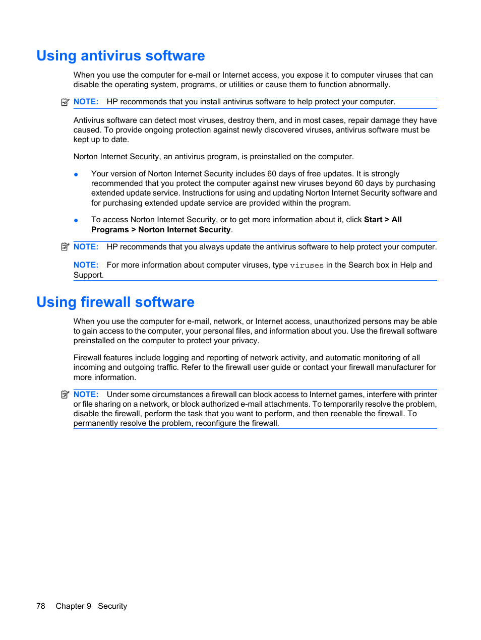 Using antivirus software, Using firewall software, Using antivirus software using firewall software | HP Pavilion dm1-1190ee Entertainment Notebook PC User Manual | Page 88 / 103