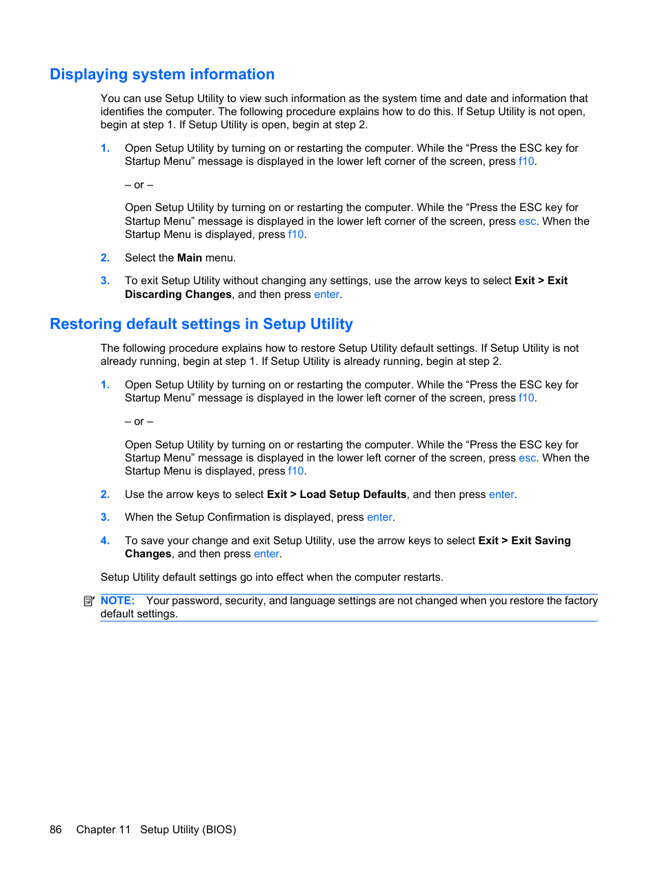 Displaying system information, Restoring default settings in setup utility | HP Pavilion dm1-1190ee Entertainment Notebook PC User Manual | Page 96 / 103