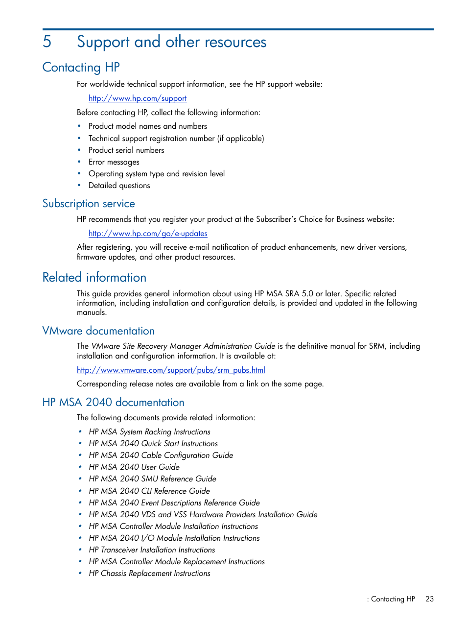 Support and other resources, Contacting hp, Subscription service | Related information, Vmware documentation, Hp msa 2040 documentation, 5 support and other resources, 5support and other resources | HP MSA 2040 SAN Storage User Manual | Page 23 / 34