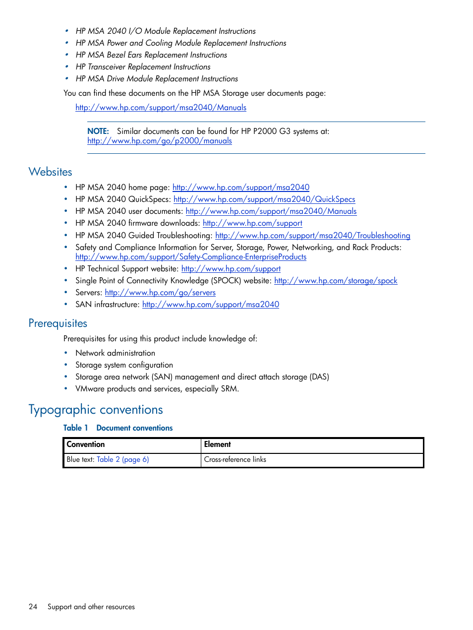 Websites, Prerequisites, Typographic conventions | HP MSA 2040 SAN Storage User Manual | Page 24 / 34