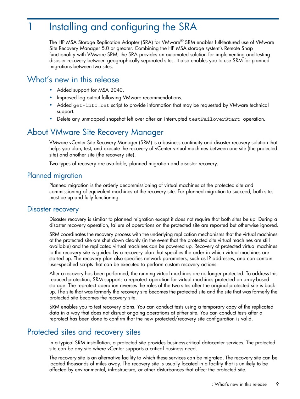 Installing and configuring the sra, What’s new in this release, About vmware site recovery manager | Planned migration, Disaster recovery, Protected sites and recovery sites, 1 installing and configuring the sra, 1installing and configuring the sra | HP MSA 2040 SAN Storage User Manual | Page 9 / 34