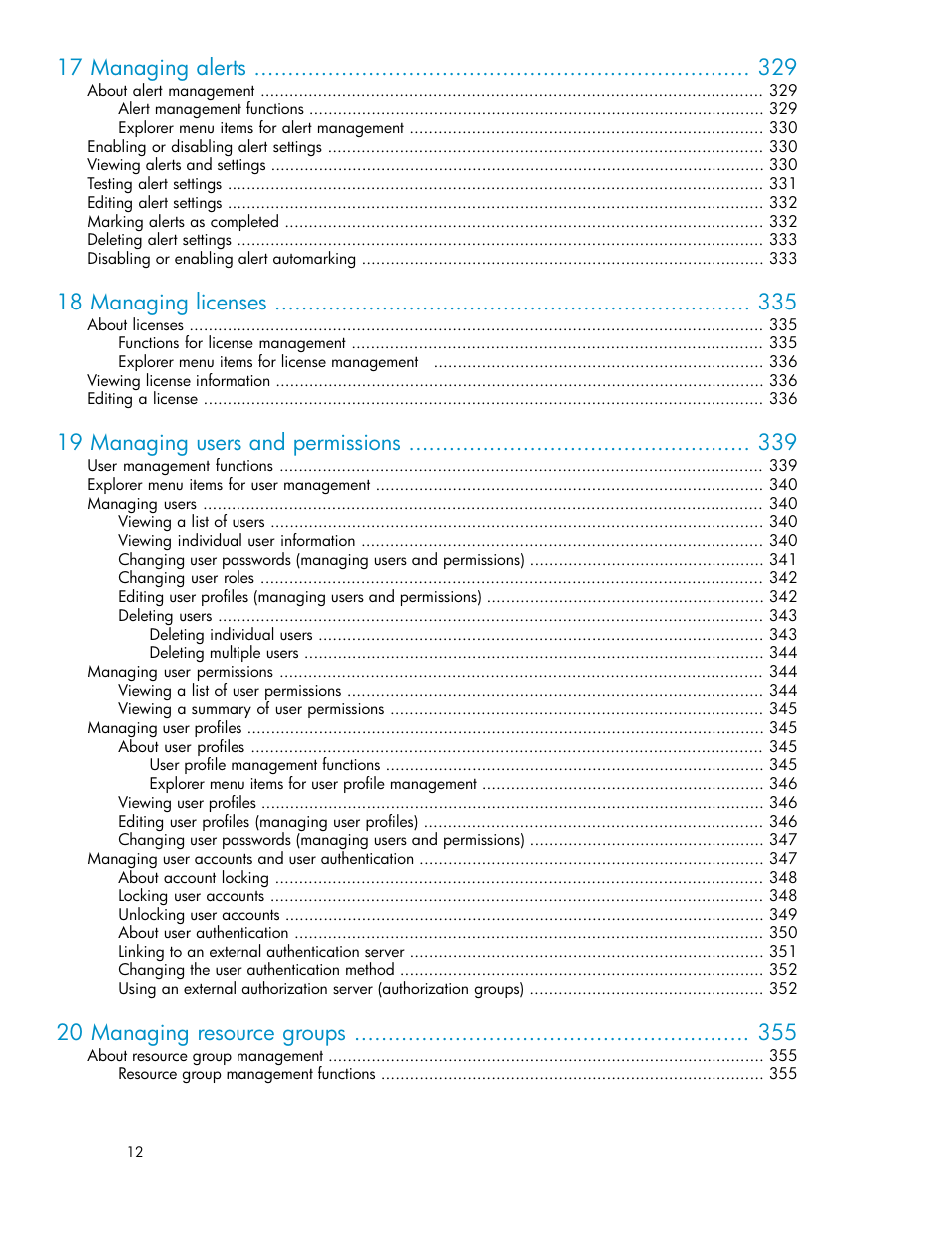 17 managing alerts, 18 managing licenses, 19 managing users and permissions | 20 managing resource groups | HP XP Command View Advanced Edition Software User Manual | Page 12 / 488