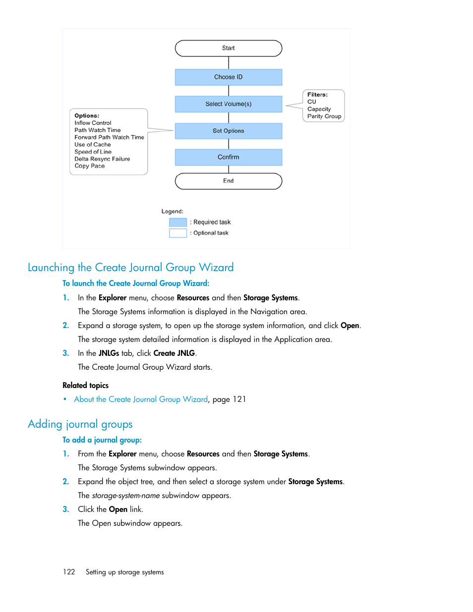 Launching the create journal group wizard, Adding journal groups, 122 adding journal groups | HP XP Command View Advanced Edition Software User Manual | Page 122 / 488