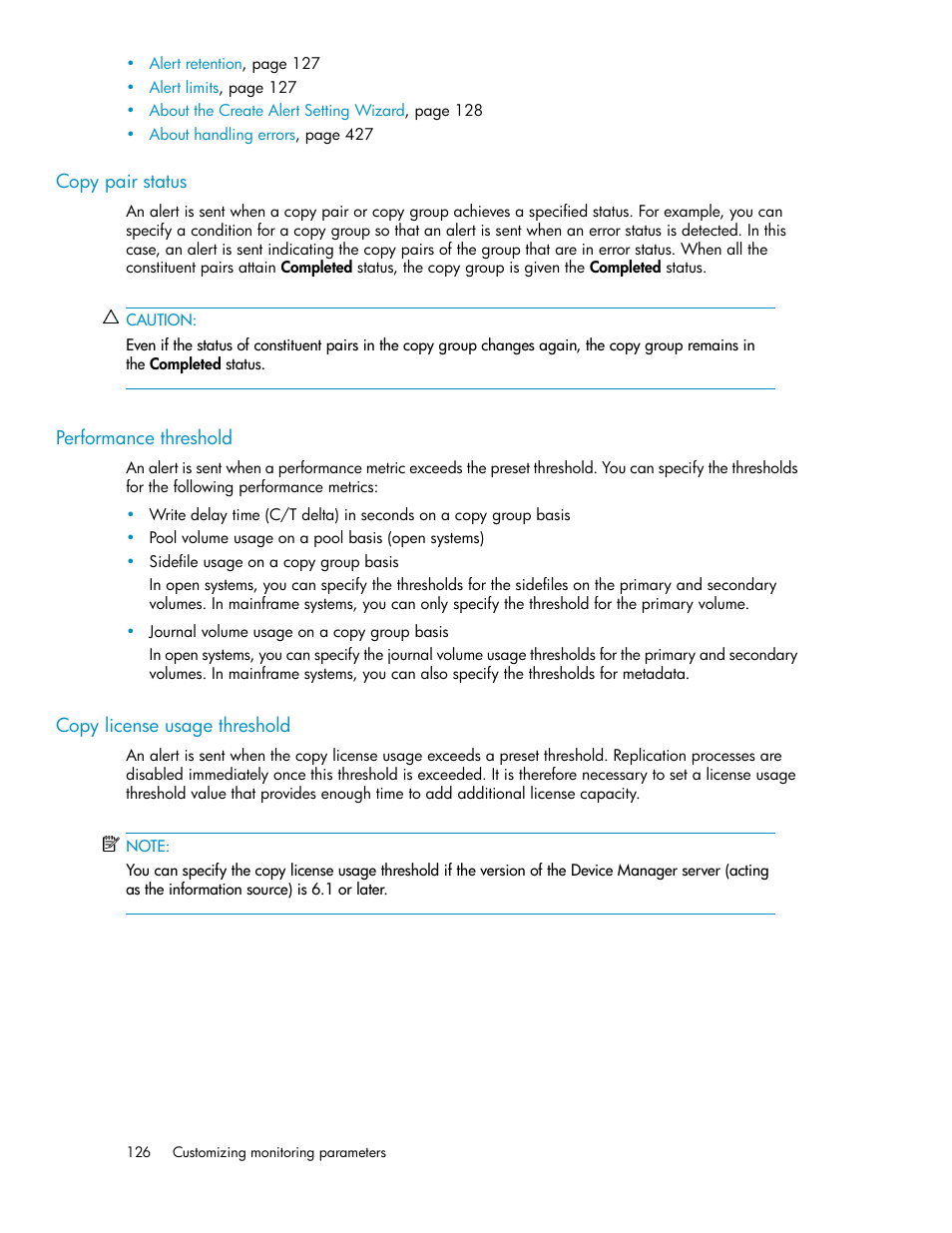 Copy pair status, Performance threshold, Copy license usage threshold | 126 performance threshold, 126 copy license usage threshold | HP XP Command View Advanced Edition Software User Manual | Page 126 / 488