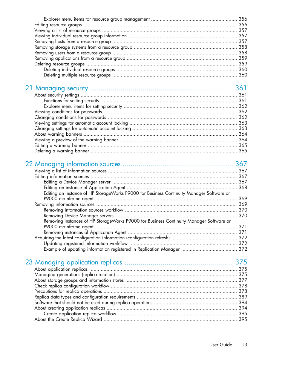 21 managing security, 22 managing information sources, 23 managing application replicas | HP XP Command View Advanced Edition Software User Manual | Page 13 / 488