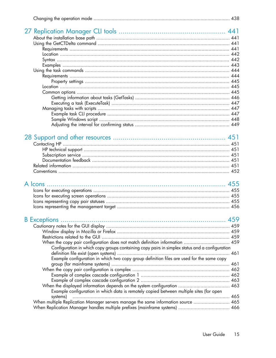 27 replication manager cli tools, 28 support and other resources, A icons | B exceptions | HP XP Command View Advanced Edition Software User Manual | Page 15 / 488