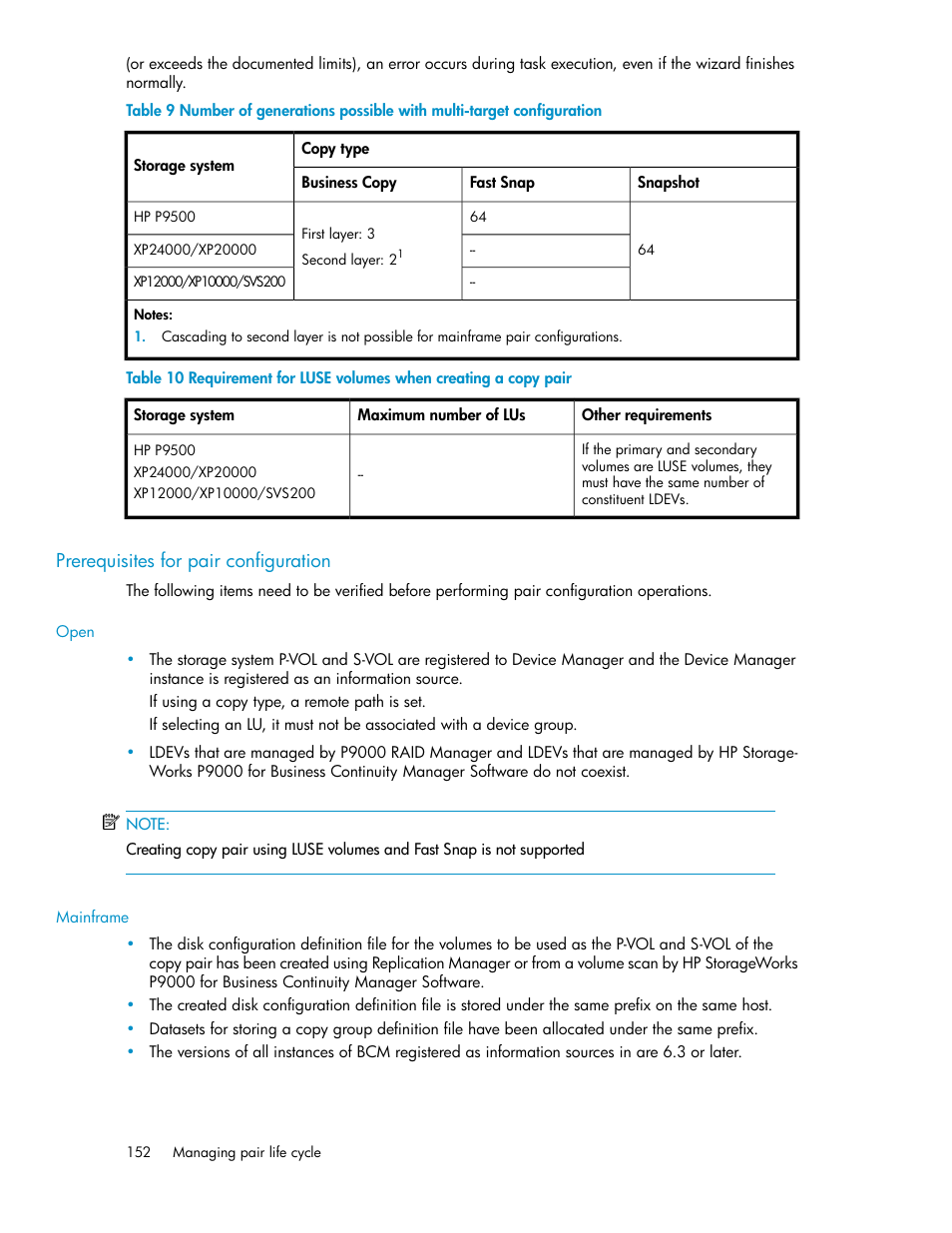 Prerequisites for pair configuration, Prerequisites for pair, Configuration | HP XP Command View Advanced Edition Software User Manual | Page 152 / 488