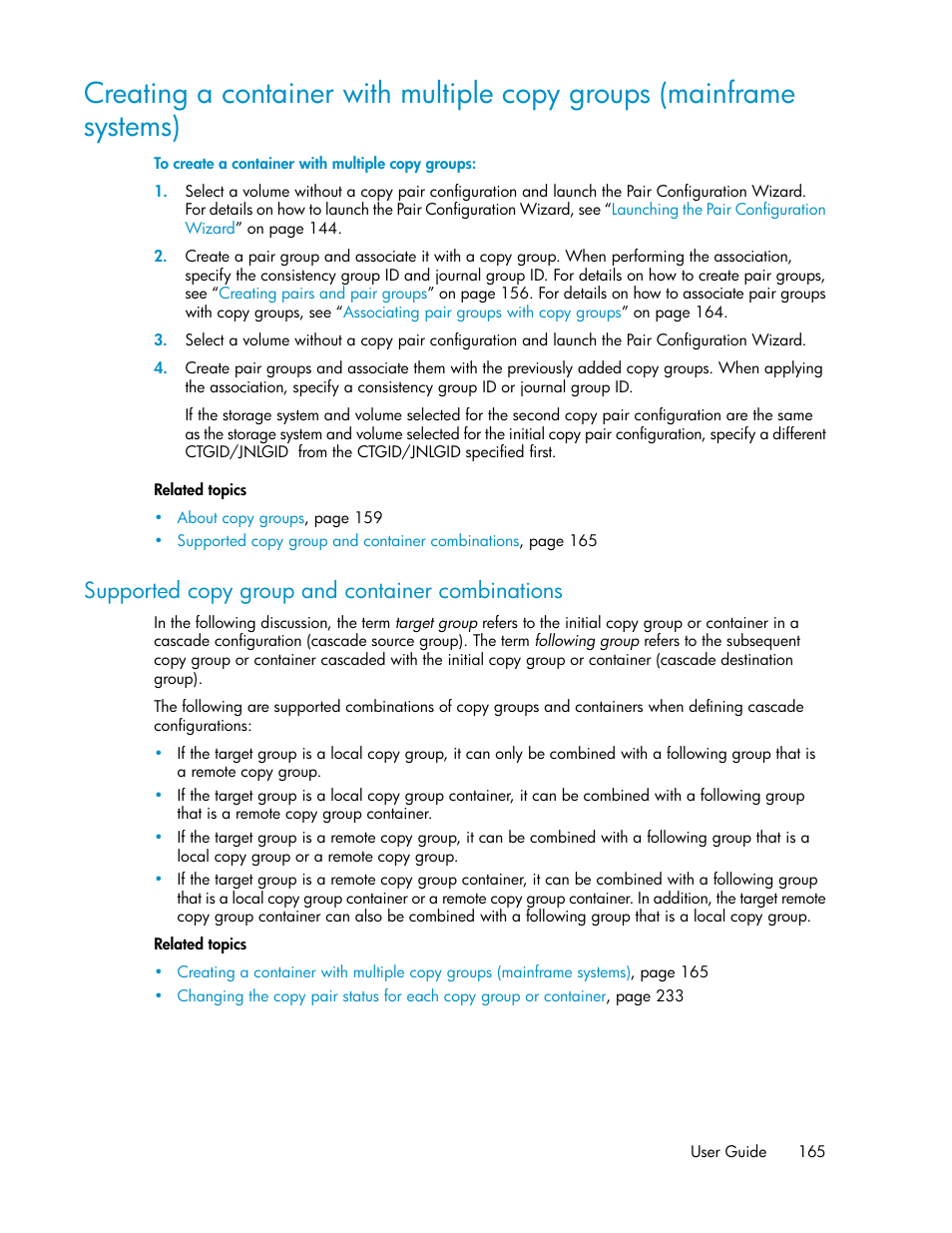 Supported copy group and container combinations | HP XP Command View Advanced Edition Software User Manual | Page 165 / 488