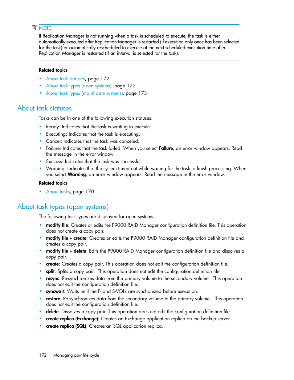 About task statuses, About task types (open systems), 172 about task types (open systems) | HP XP Command View Advanced Edition Software User Manual | Page 172 / 488