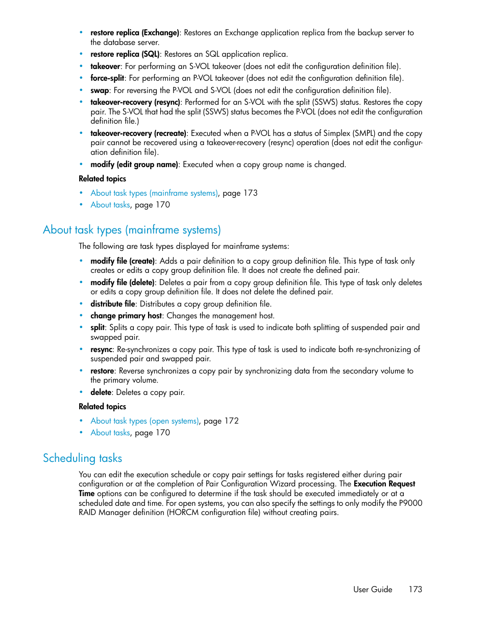 About task types (mainframe systems), Scheduling tasks, 173 scheduling tasks | HP XP Command View Advanced Edition Software User Manual | Page 173 / 488