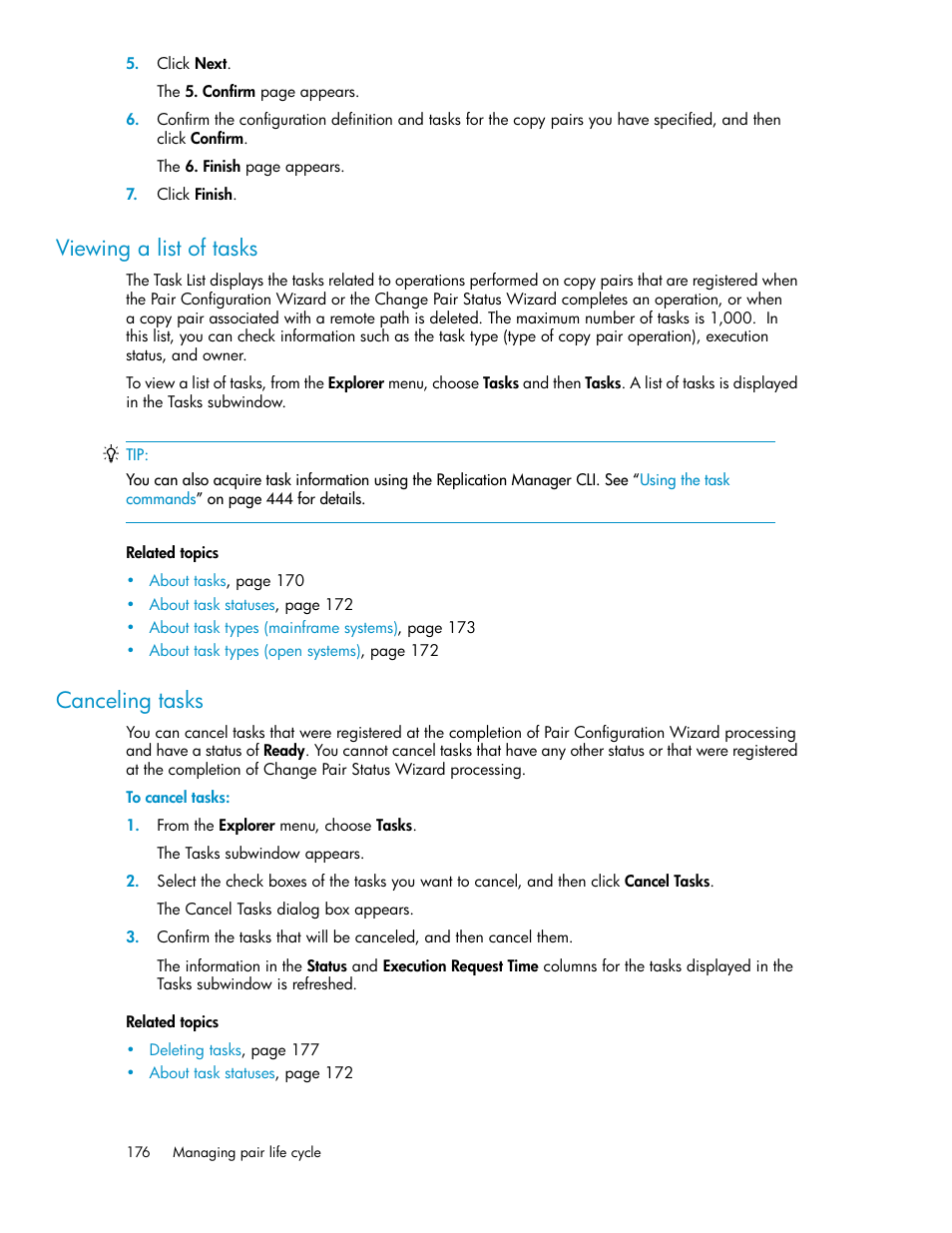 Viewing a list of tasks, Canceling tasks, 176 canceling tasks | HP XP Command View Advanced Edition Software User Manual | Page 176 / 488