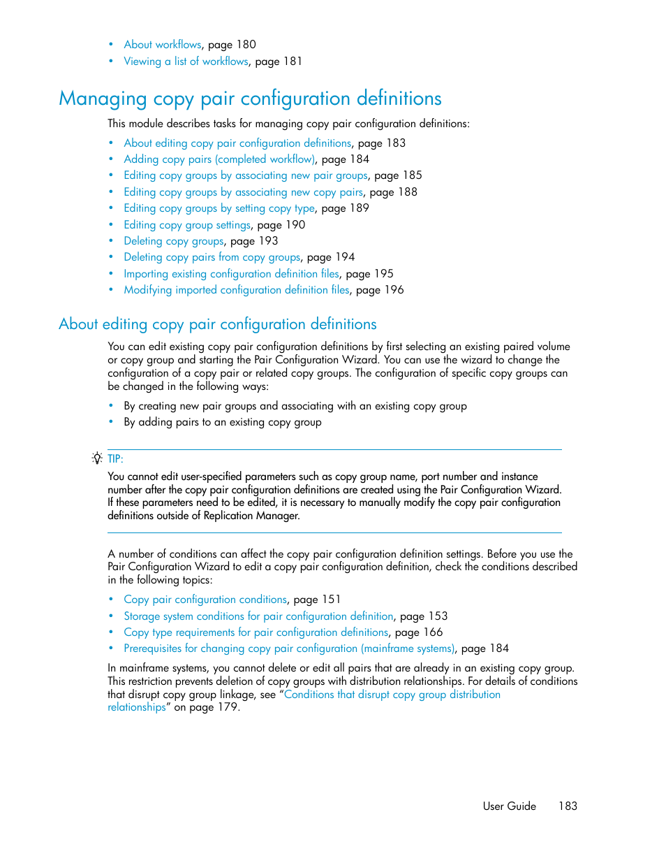 Managing copy pair configuration definitions, About editing copy pair configuration definitions | HP XP Command View Advanced Edition Software User Manual | Page 183 / 488