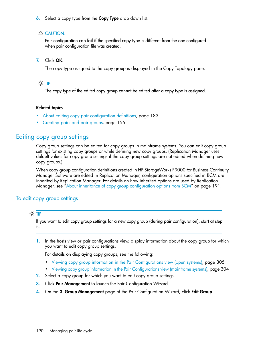 Editing copy group settings | HP XP Command View Advanced Edition Software User Manual | Page 190 / 488