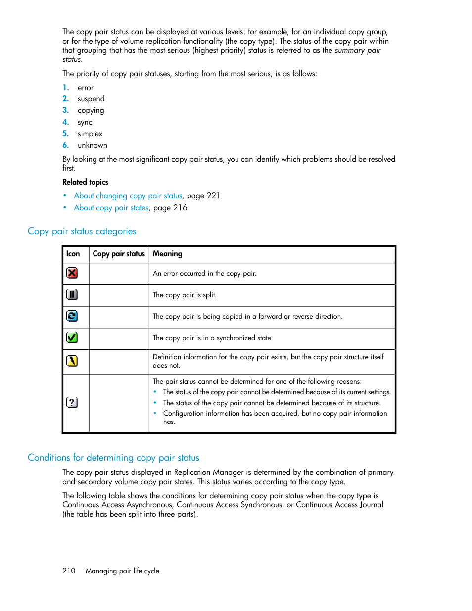 Copy pair status categories, Conditions for determining copy pair status, 210 conditions for determining copy pair status | HP XP Command View Advanced Edition Software User Manual | Page 210 / 488