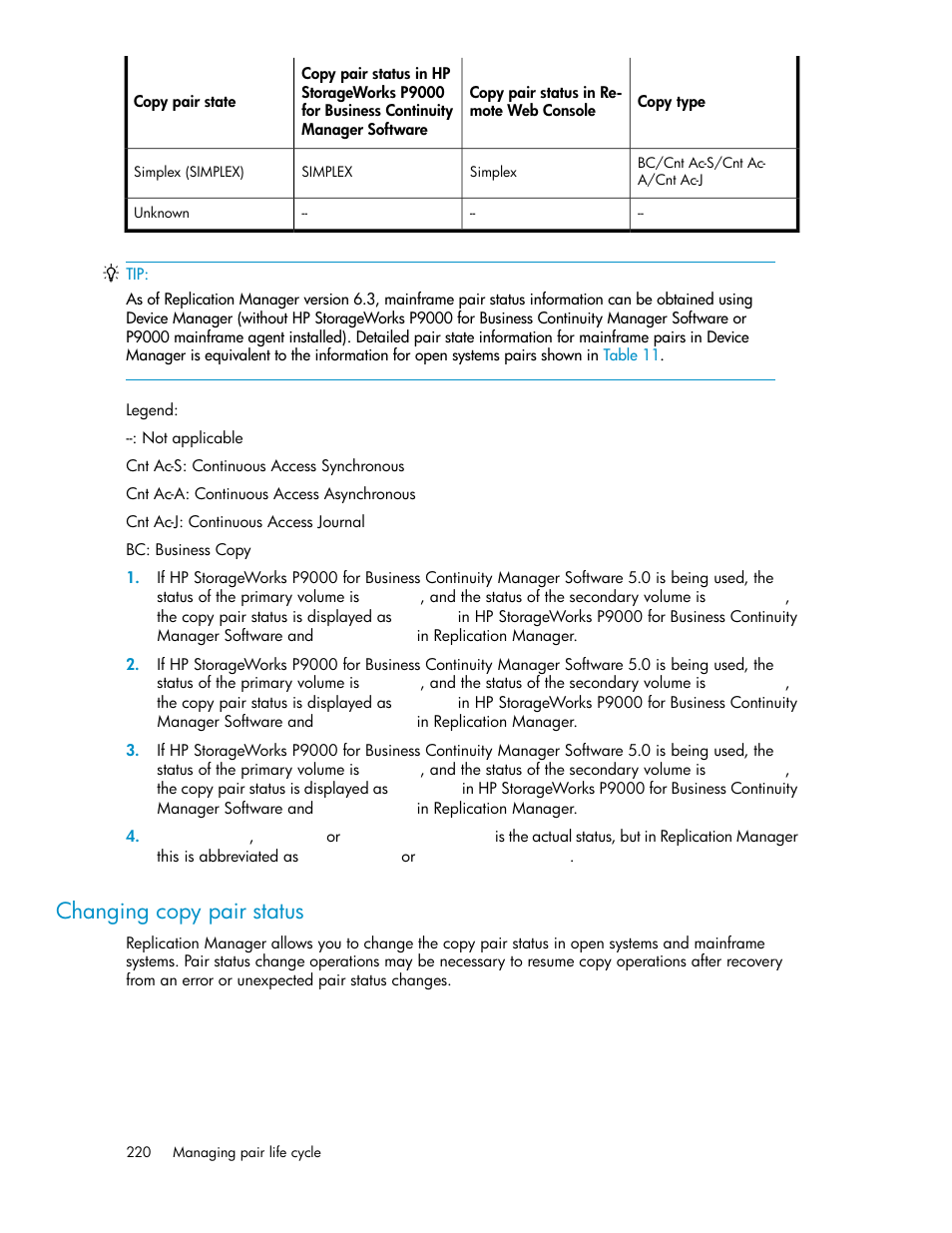 Changing copy pair status | HP XP Command View Advanced Edition Software User Manual | Page 220 / 488