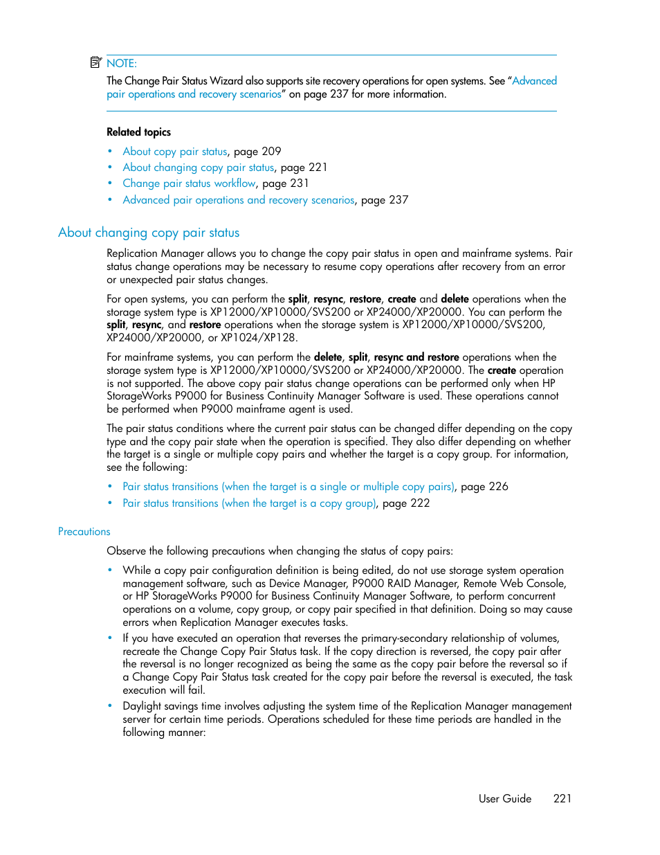 About changing copy pair status | HP XP Command View Advanced Edition Software User Manual | Page 221 / 488