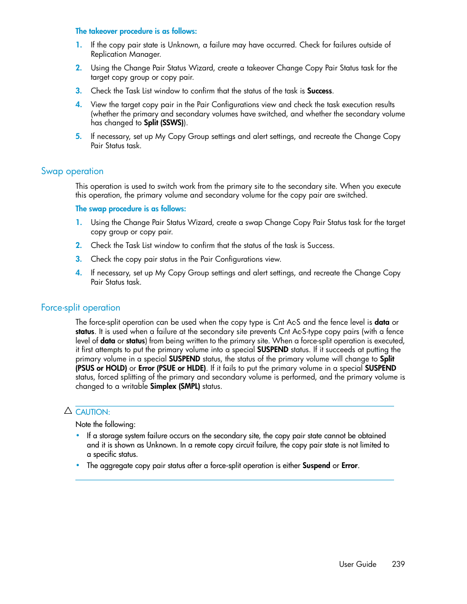 Swap operation, Force-split operation, 239 force-split operation | HP XP Command View Advanced Edition Software User Manual | Page 239 / 488