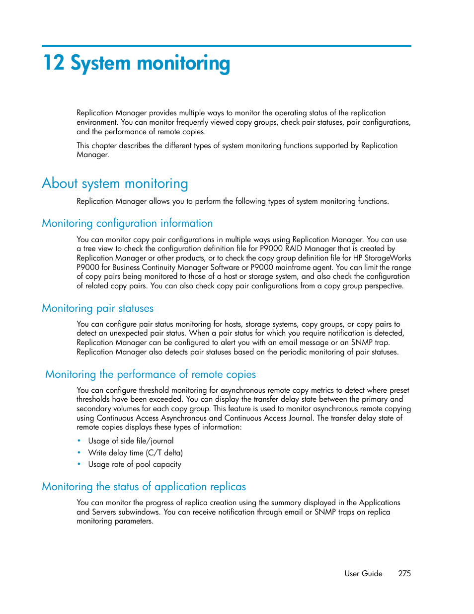 12 system monitoring, About system monitoring, Chapter 12 | HP XP Command View Advanced Edition Software User Manual | Page 275 / 488
