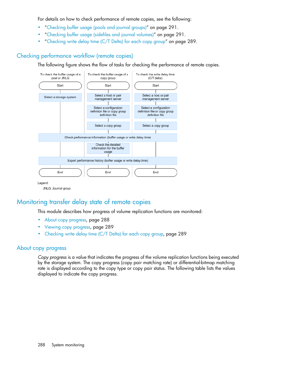 Checking performance workflow (remote copies), Monitoring transfer delay state of remote copies, About copy progress | Checking performance, Workflow (remote copies) | HP XP Command View Advanced Edition Software User Manual | Page 288 / 488